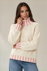 Isabella Contrast Trim Roll Neck Jumper - Cream / Pink