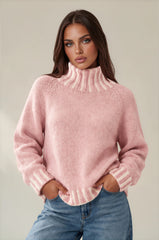 Isabella Contrast Trim Roll Neck Jumper - Pink / Cream