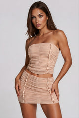Anya Mesh Bandeau Ruched Co-Ord Set - Beige