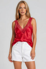 Skyler Satin Lace Trim Cami Top - Red