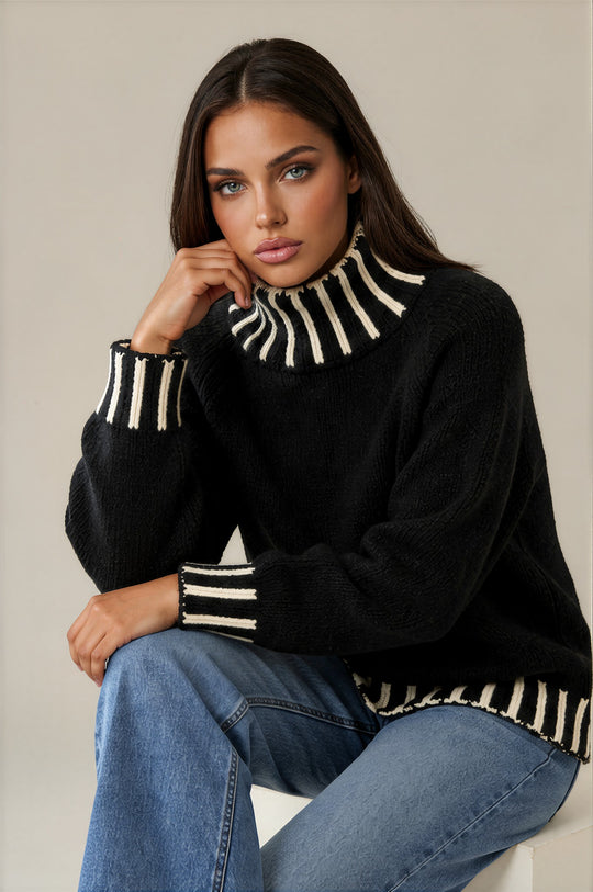 Isabella Contrast Trim Roll Neck Jumper - Black / Cream