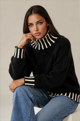 Isabella Contrast Trim Roll Neck Jumper - Black / Cream