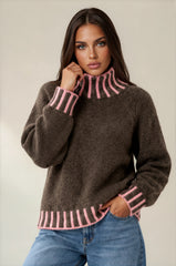 Isabella Contrast Trim Roll Neck Jumper - Mocha / Pink