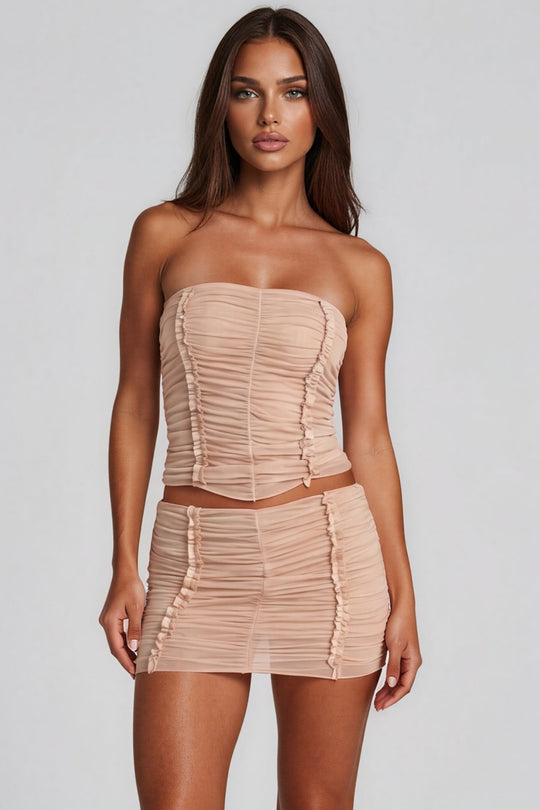 Anya Mesh Bandeau Ruched Co-Ord Set - Beige