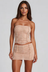 Anya Mesh Bandeau Ruched Co-Ord Set - Beige