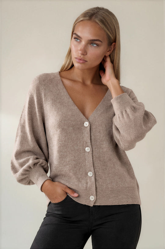 Millie Button Front Balloon Sleeve Cardigan - Beige