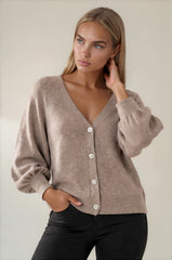 Millie Button Front Balloon Sleeve Cardigan - Beige