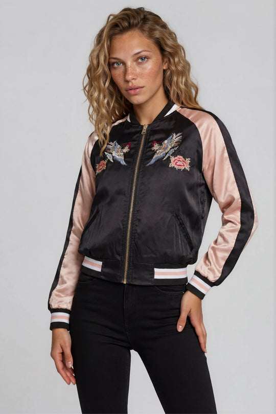 Chloe Embroidered Phoenix Satin Bomber Jacket - Black & Rose Gold