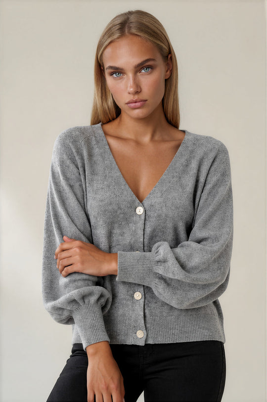 Millie Button Front Balloon Sleeve Cardigan - Grey