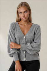 Millie Button Front Balloon Sleeve Cardigan - Grey