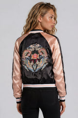 Chloe Embroidered Phoenix Satin Bomber Jacket - Black & Rose Gold