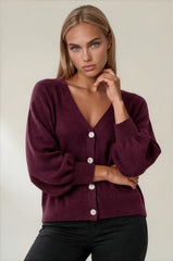 Millie Button Front Balloon Sleeve Cardigan - Plum