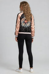 Chloe Embroidered Phoenix Satin Bomber Jacket - Black & Rose Gold