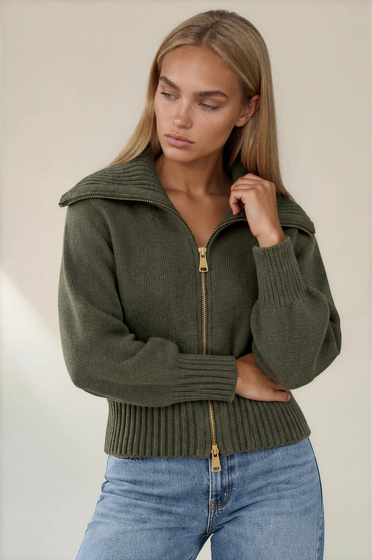 Emily Oversized Collar Zip Knitted Cardigan - Khaki