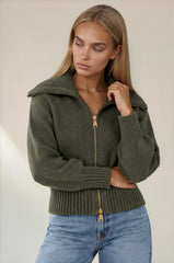 Emily Oversized Collar Zip Knitted Cardigan - Khaki
