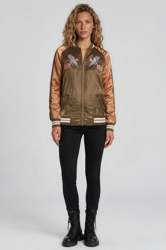 Chloe Embroidered Phoenix Satin Bomber Jacket - Khaki & Gold