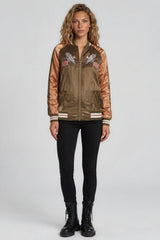 Chloe Embroidered Phoenix Satin Bomber Jacket - Khaki & Gold