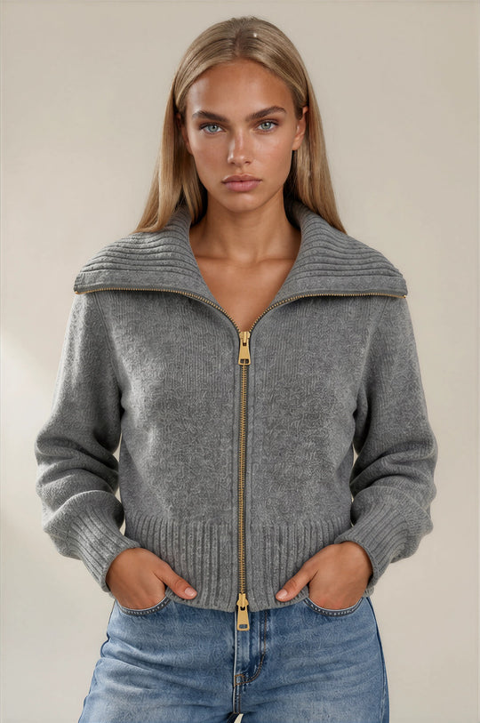 Emily Oversized Collar Zip Knitted Cardigan - Grey