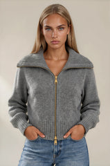 Emily Oversized Collar Zip Knitted Cardigan - Grey