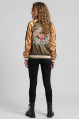 Chloe Embroidered Phoenix Satin Bomber Jacket - Khaki & Gold