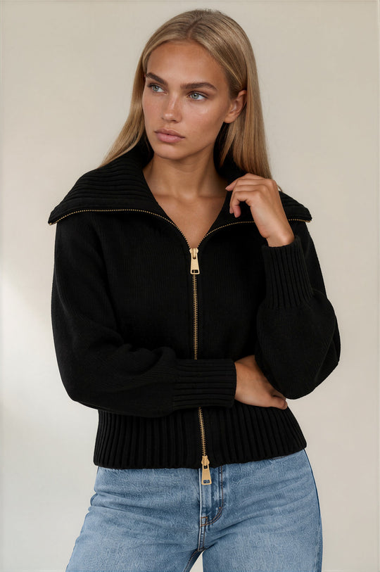 Emily Oversized Collar Zip Knitted Cardigan - Black