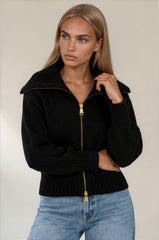 Emily Oversized Collar Zip Knitted Cardigan - Black
