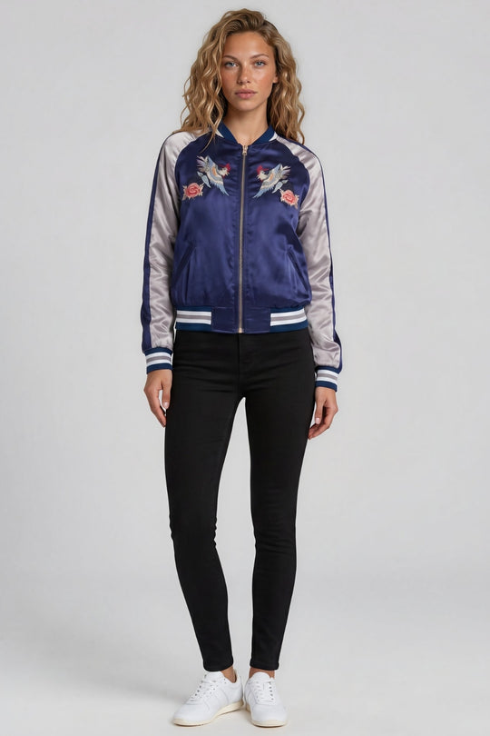 Chloe Embroidered Phoenix Satin Bomber Jacket - Blue & Silver