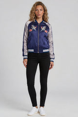 Chloe Embroidered Phoenix Satin Bomber Jacket - Blue & Silver