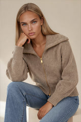 Emily Oversized Collar Zip Knitted Cardigan - Taupe
