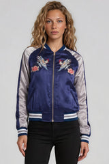 Chloe Embroidered Phoenix Satin Bomber Jacket - Blue & Silver
