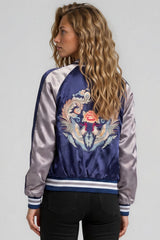 Chloe Embroidered Phoenix Satin Bomber Jacket - Blue & Silver