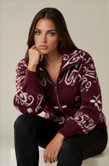 Florence Bandana Knit Two-Way Zip Cardigan – Burgundy