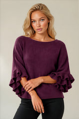 Ella Ruffle Sleeve Soft Knit Top - Plum