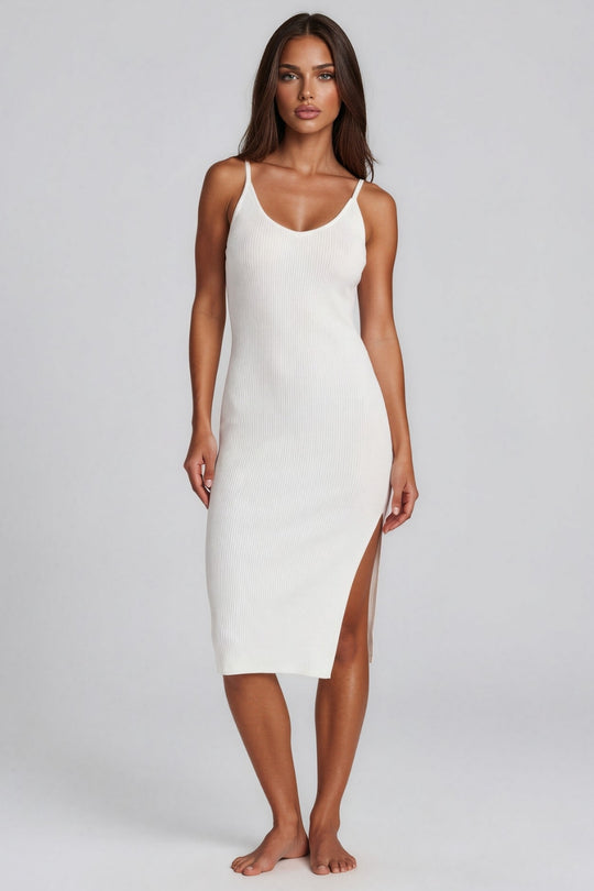Yasmine Ribbed Midi Dress - White