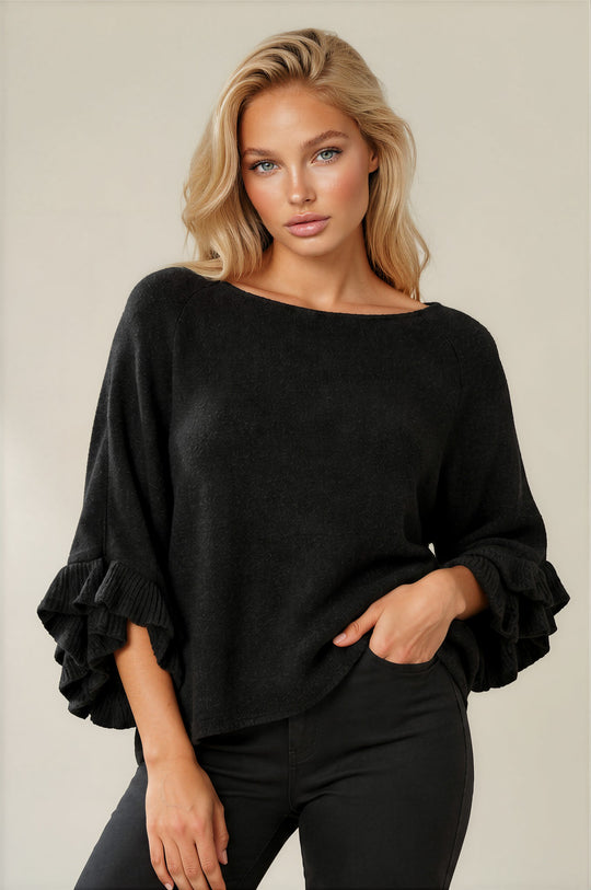 Ella Ruffle Sleeve Soft Knit Top - Black