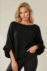 Ella Ruffle Sleeve Soft Knit Top - Black