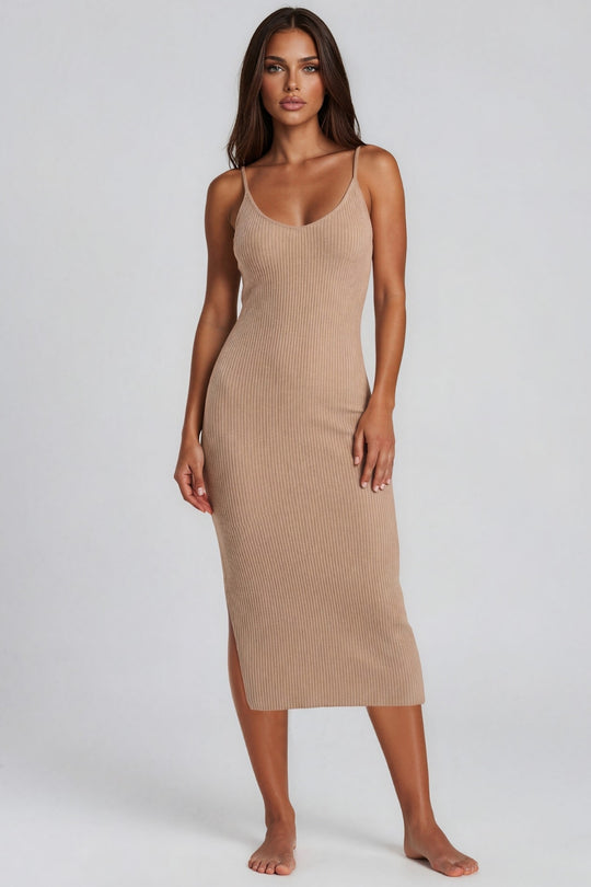 Yasmine Ribbed Midi Dress - Taupe