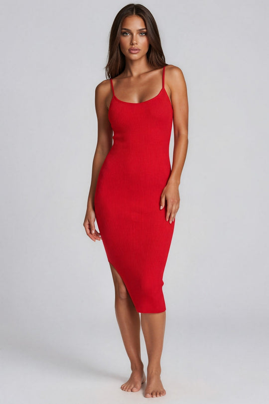 Yasmine Ribbed Midi Dress - Red