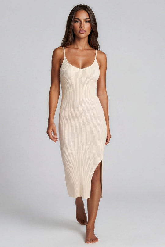 Yasmine Ribbed Midi Dress - Beige
