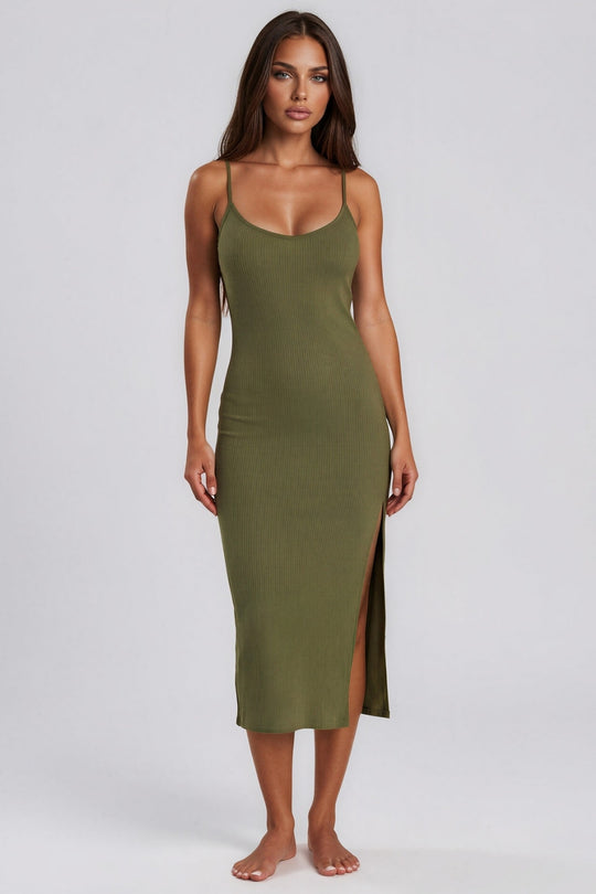 Yasmine Ribbed Midi Dress - Khaki