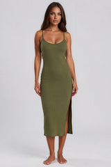 Yasmine Ribbed Midi Dress - Khaki