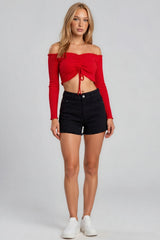Brynlee Ribbed Ruched Front Bardot Crop Top - Red