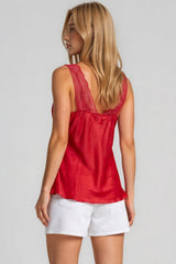 Skyler Satin Lace Trim Cami Top - Red