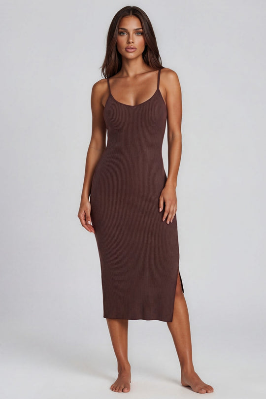 Yasmine Ribbed Midi Dress - Chocolate Brown