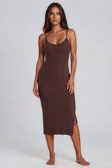 Yasmine Ribbed Midi Dress - Chocolate Brown