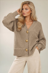 Isla Oversized Gold Button Knit Cardigan – Taupe