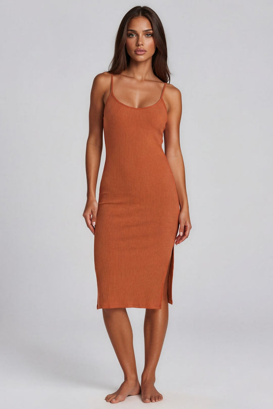 Yasmine Ribbed Midi Dress - Burnt Orange
