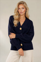 Isla Oversized Gold Button Knit Cardigan – Navy