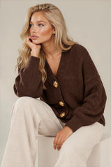 Isla Oversized Gold Button Knit Cardigan – Chocolate Brown