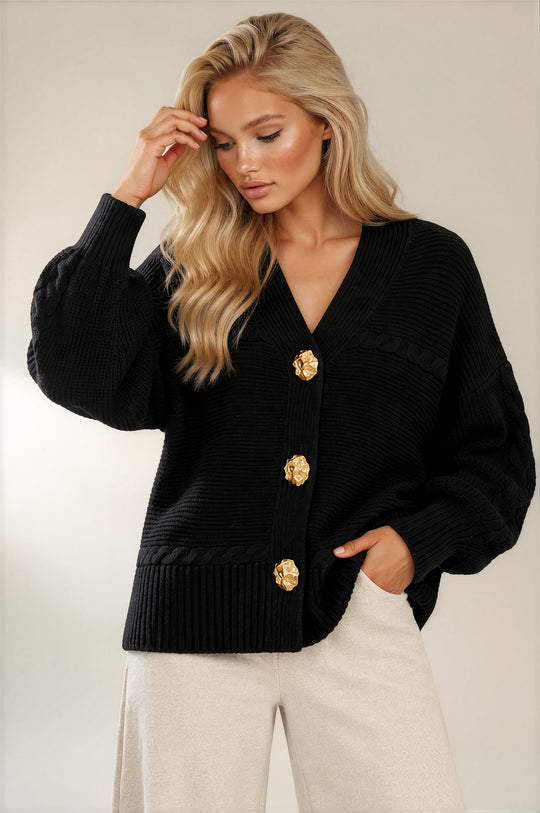 Isla Oversized Gold Button Knit Cardigan – Black